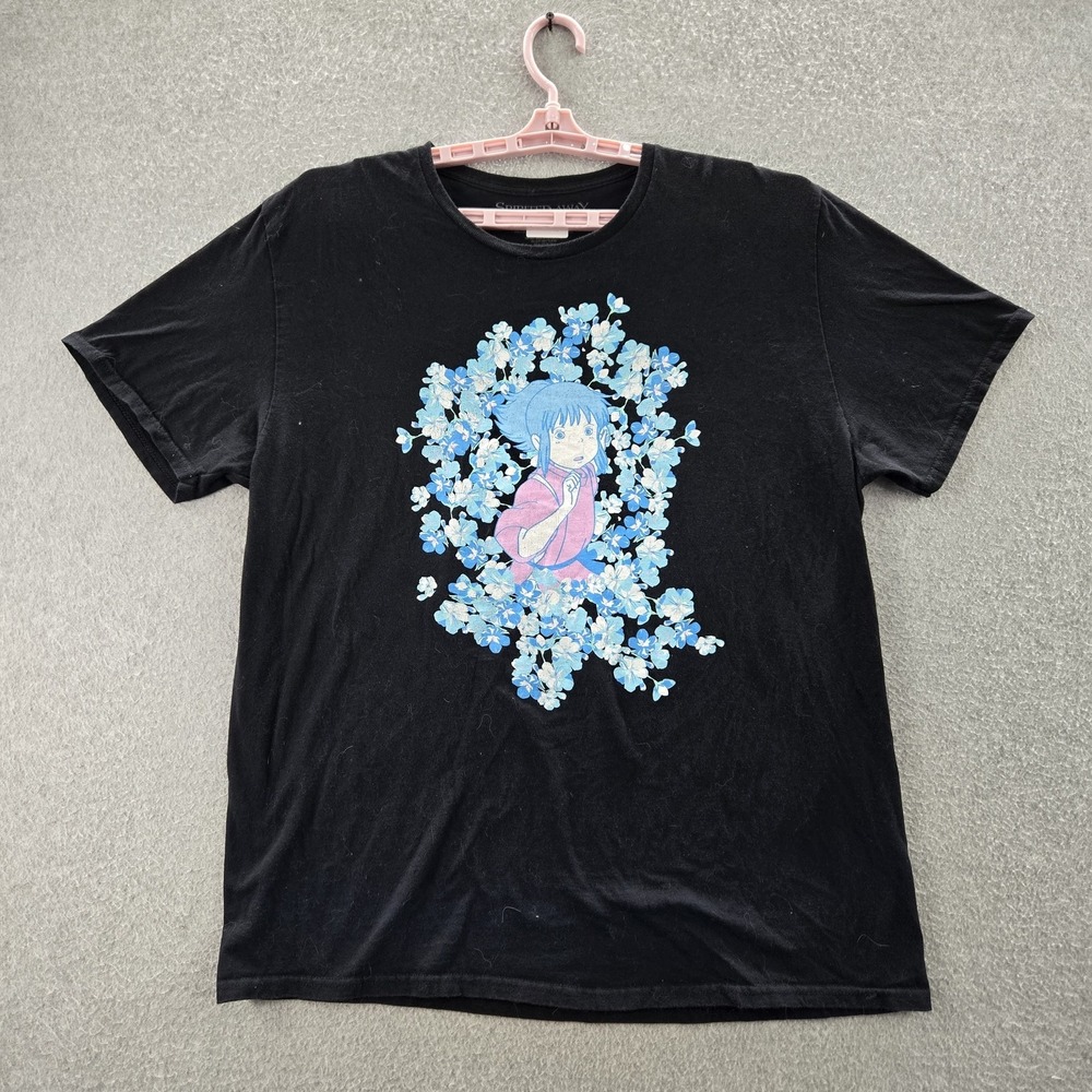 VINTAGE Spirited Away Men Shirt XL Black Studio Ghibli Anime Girl‎ Flowers Rare